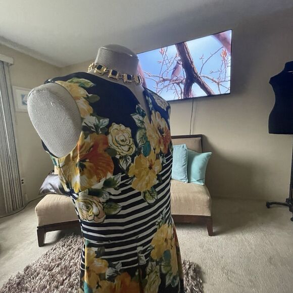 DB Estb 1962 Navy White Yellow Spring Summer Floral Striped Pleated Dress Sz 16 - Picture 8 of 15